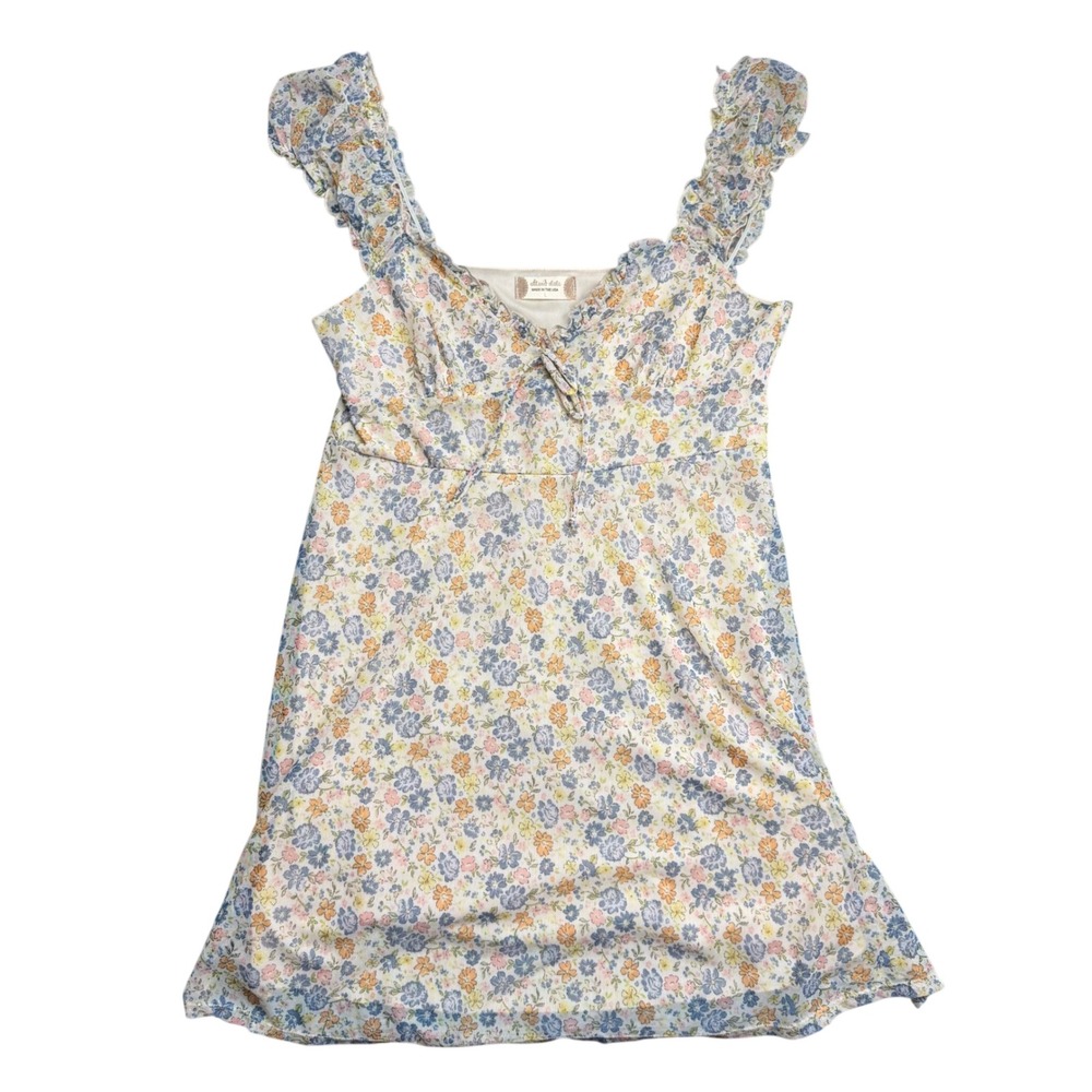 Altar'd State Floral Mesh Ruffle Strap Mini Dress Large Blue Orange Fairycore